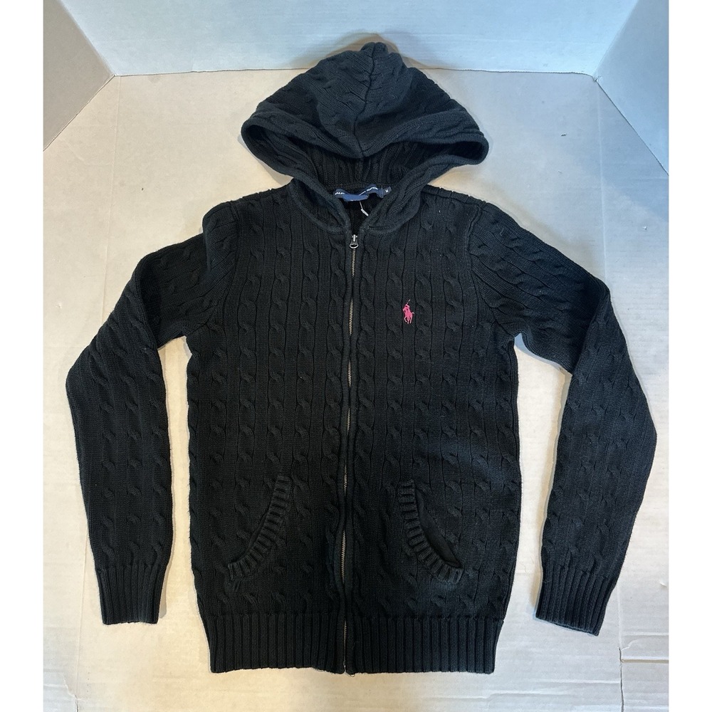 Polo Ralph Lauren Cable Knit Sweater Zip Up Hooded Black Red Horse Womens Medium